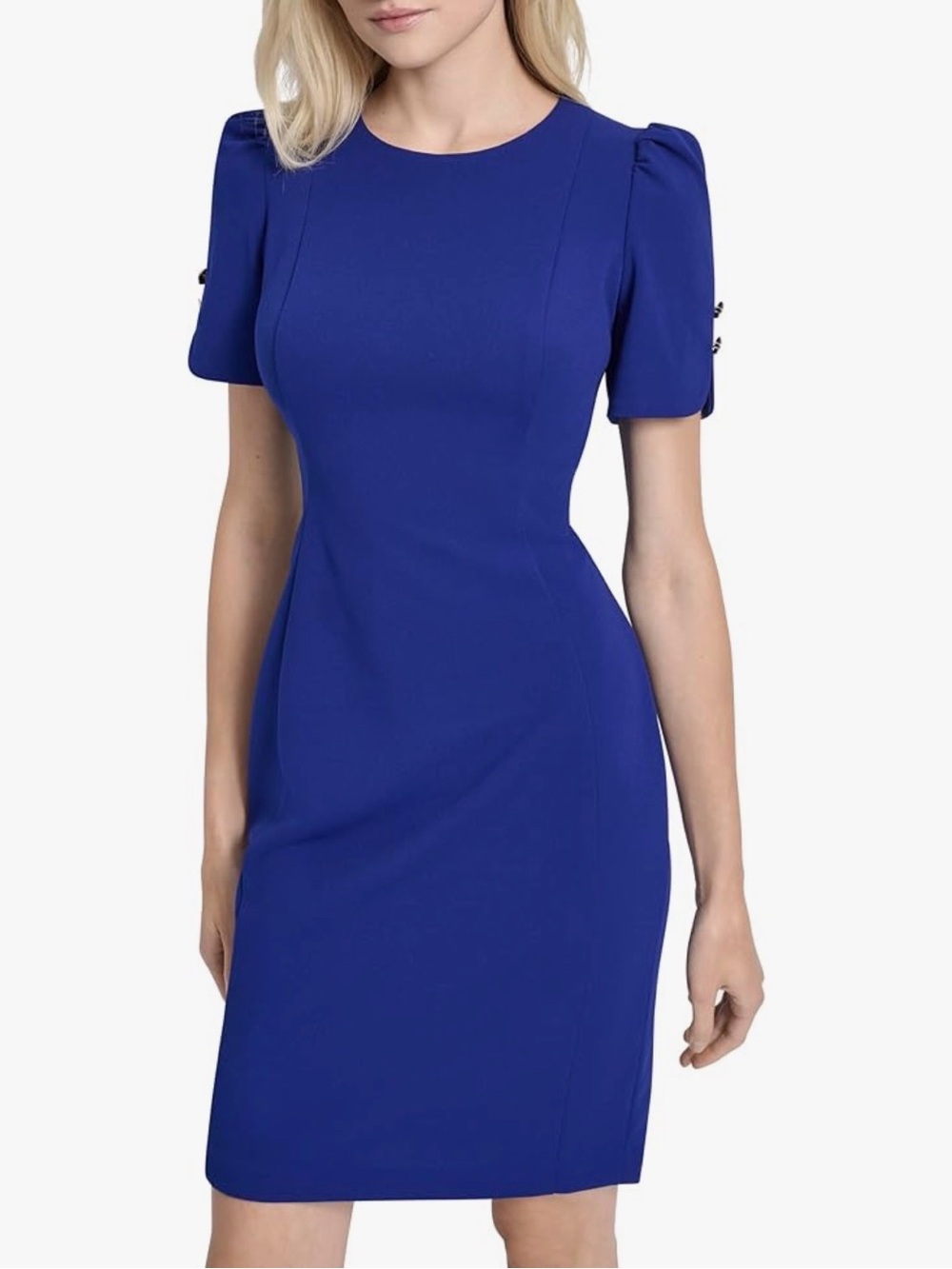 DKNY Women's Short Tulip Sleeve Sheath Dress Royal Blue Button Detail NWT 14W